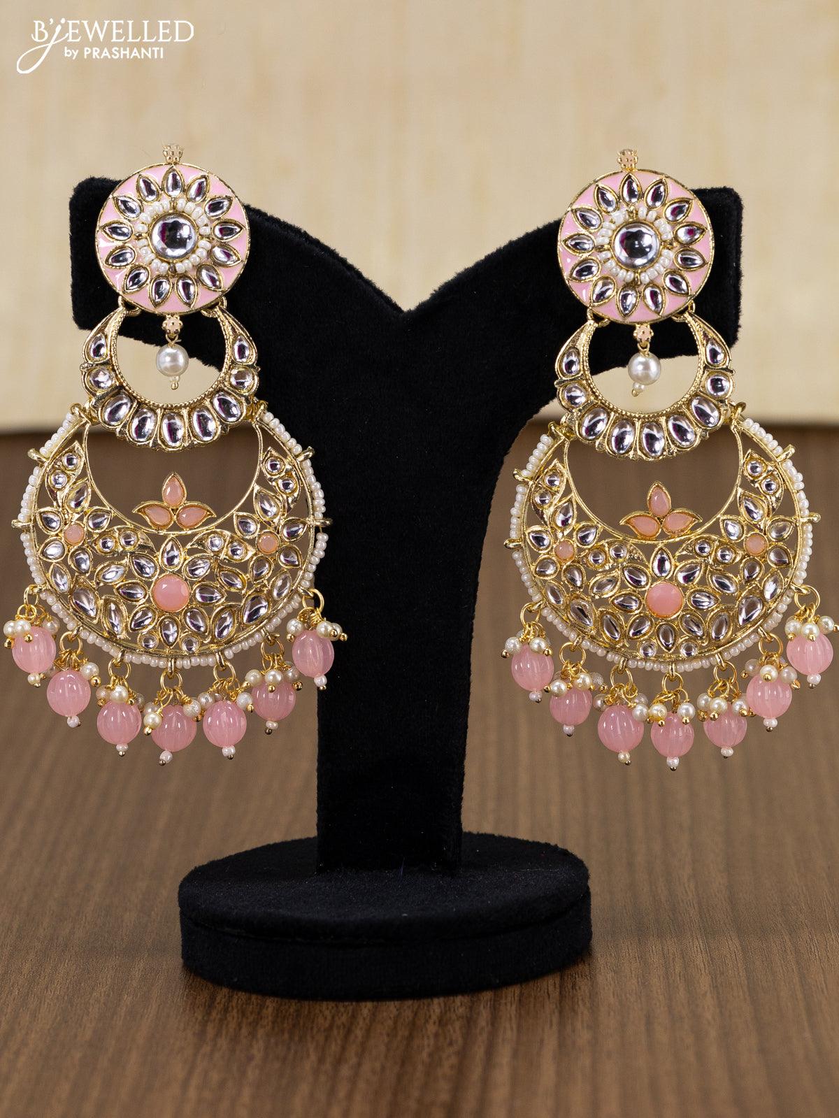 Gold Plated Kunda Studded Layered Design Pink Colour Drop Earrings –  Priyaasi